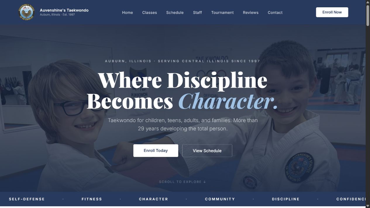 Auvenshine's Taekwondo website showing its class-focused home page